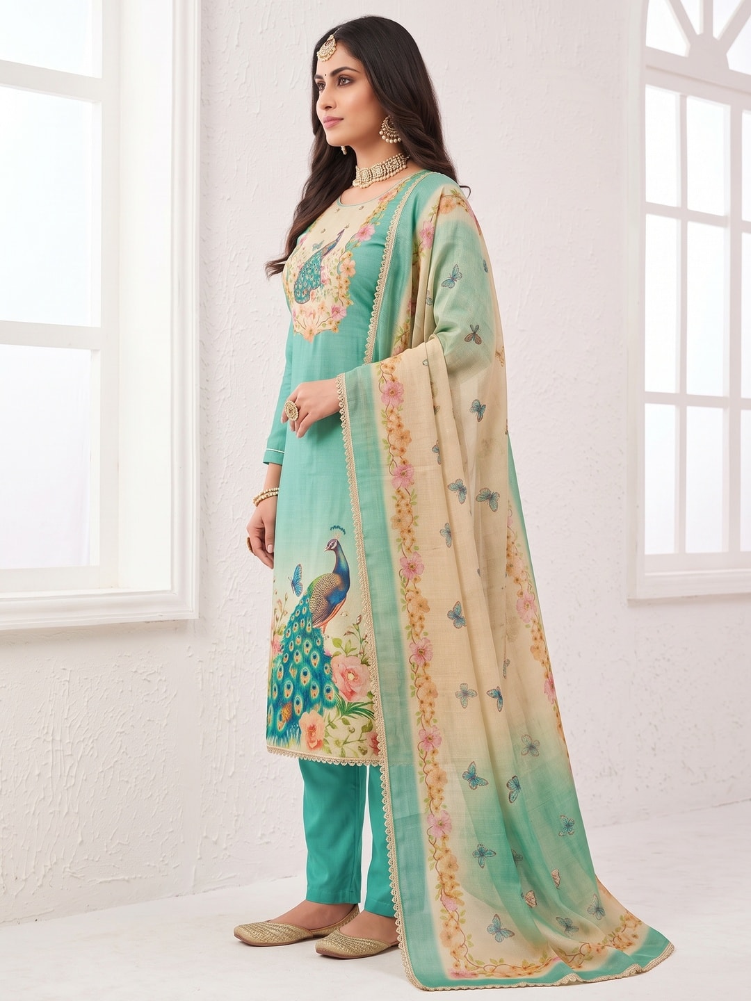 Peachmode Green Peacock Printed Cotton Unstitched Dress Material - Image 3