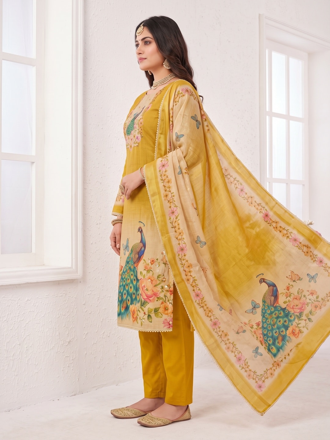 Peachmode Yellow Peacock Printed Cotton Unstitched Dress Material - Image 3