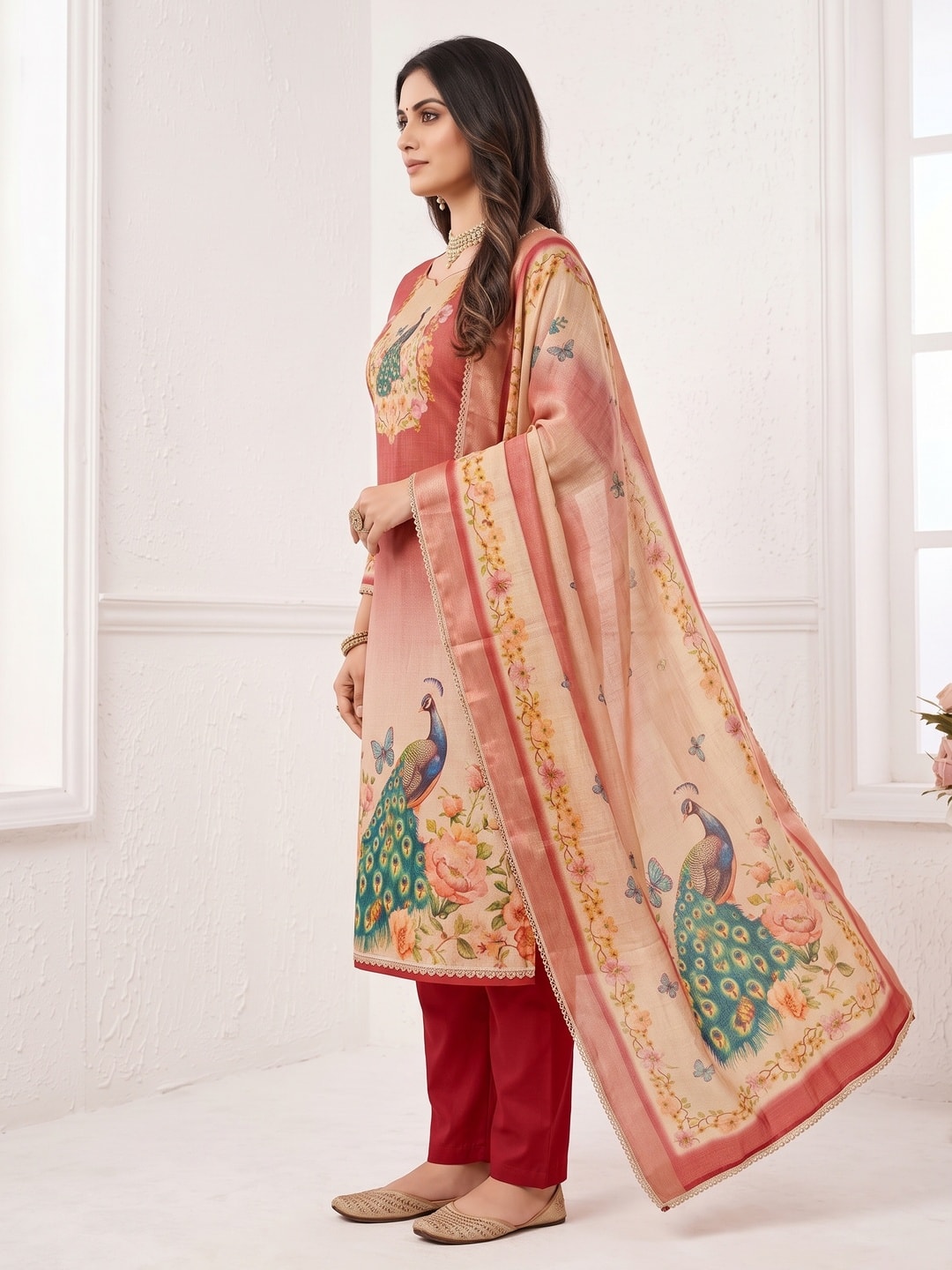 Peachmode Rust Peacock Printed Cotton Unstitched Dress Material - Image 3