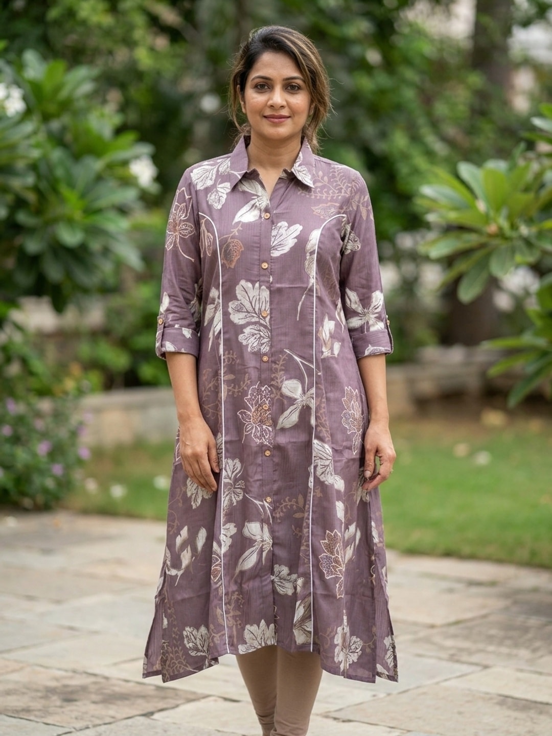 Peachmode Lavender Floral Print Viscose Blend Shirt Kurti - Image 1
