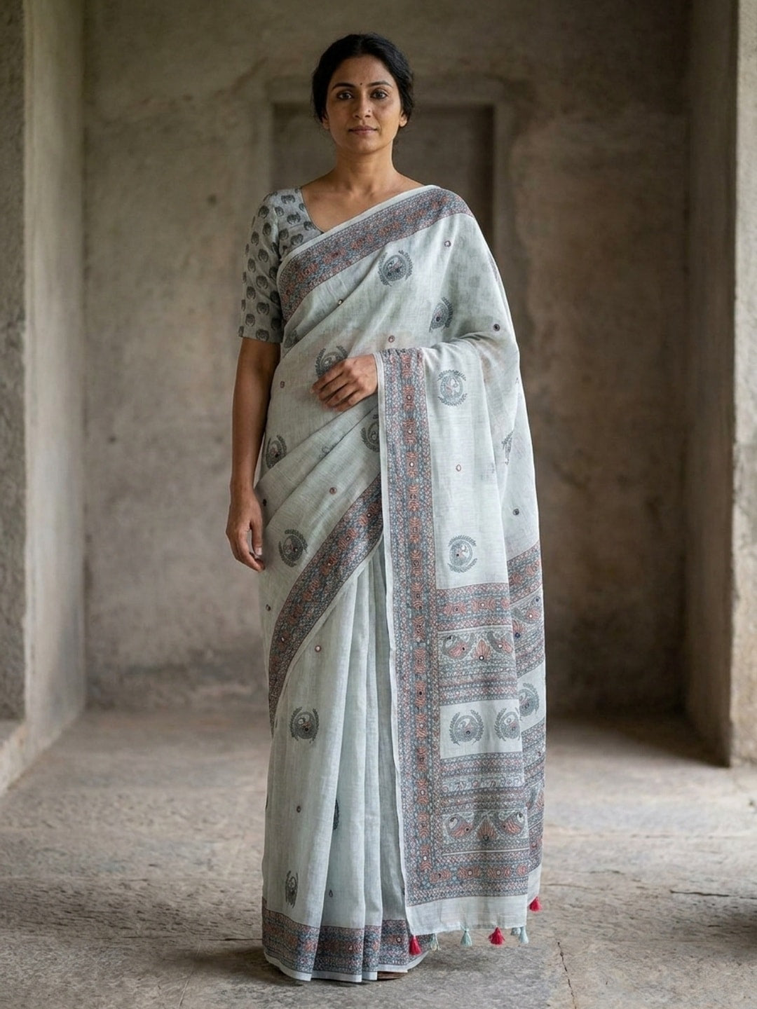 Peachmode Grey Peacock Printed Linen Saree With Mirror Work - Image 1