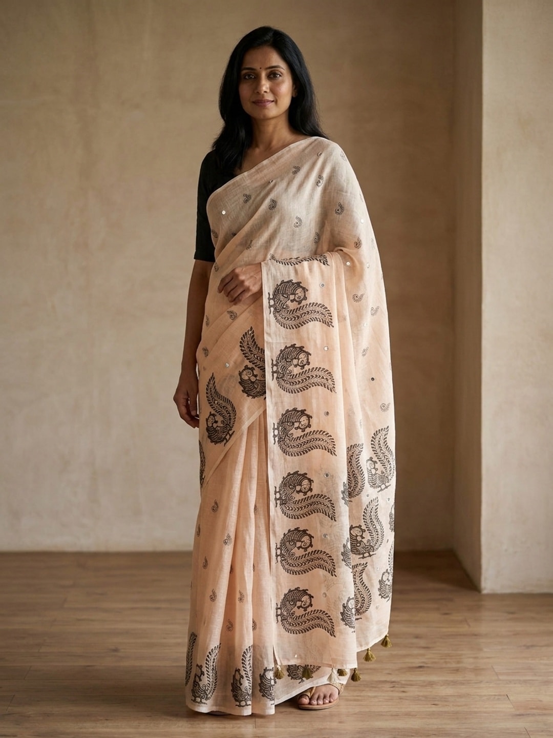 Peachmode Peach Peacock Paisley Printed Linen Saree With Mirror Work - Image 1