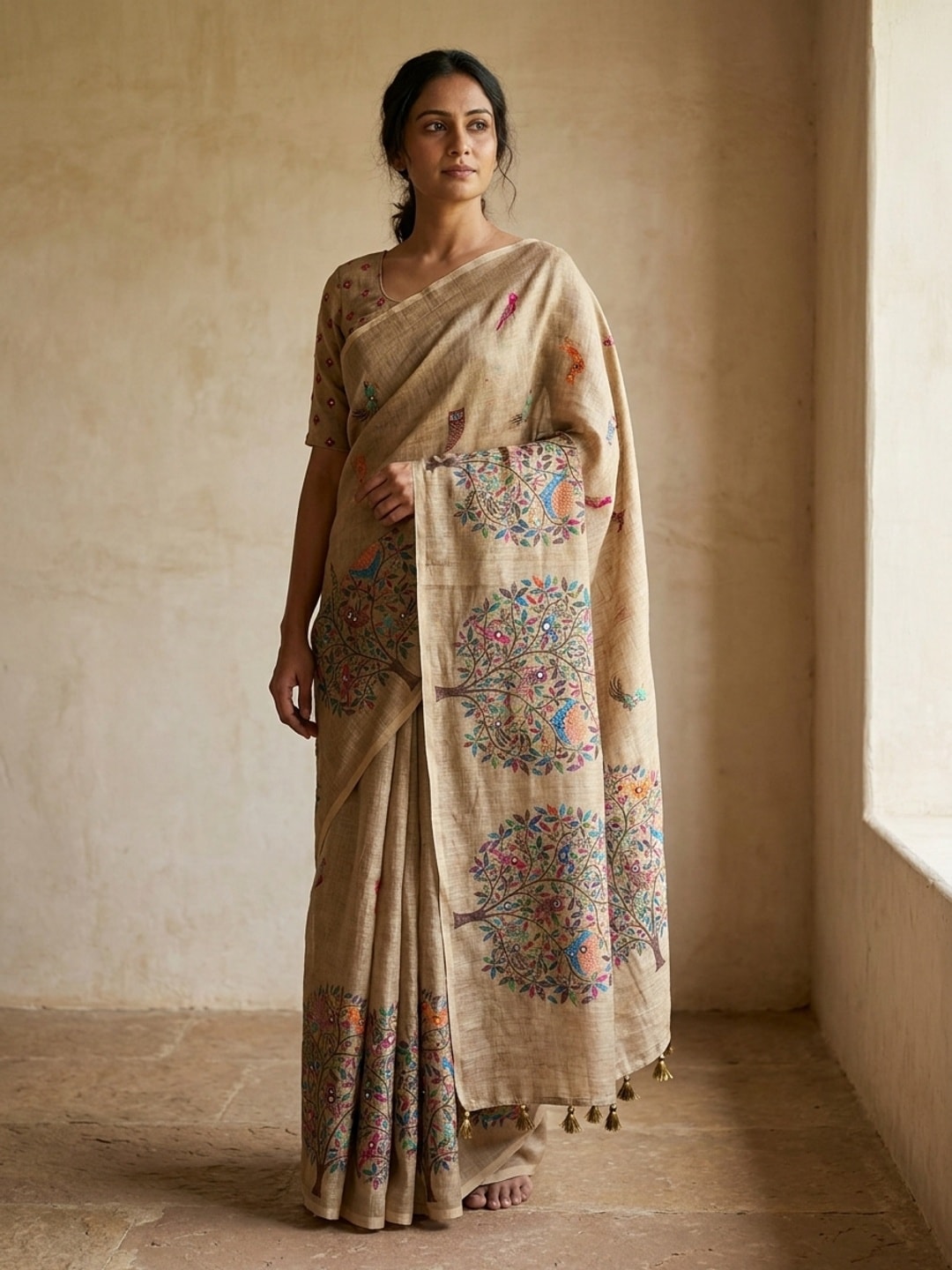 Peachmode Beige Tree Of Life Printed Linen Saree With Mirror Work - Image 1