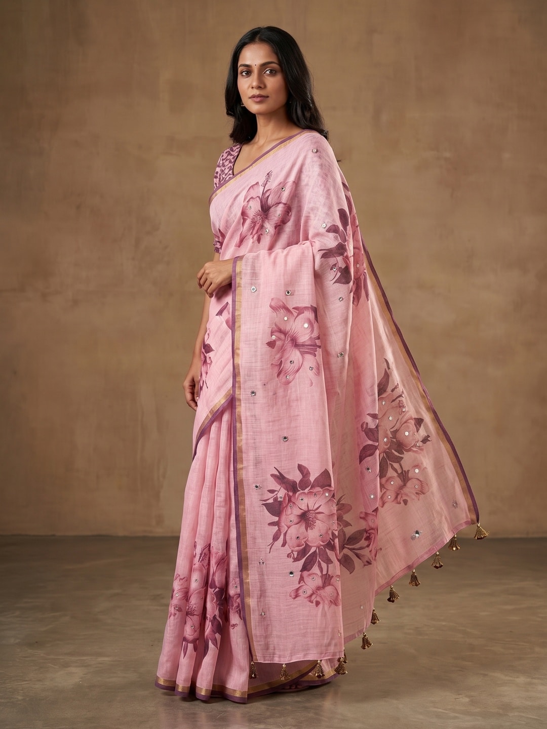 Peachmode Pink Floral Printed Linen Saree With Mirror Work - Image 3