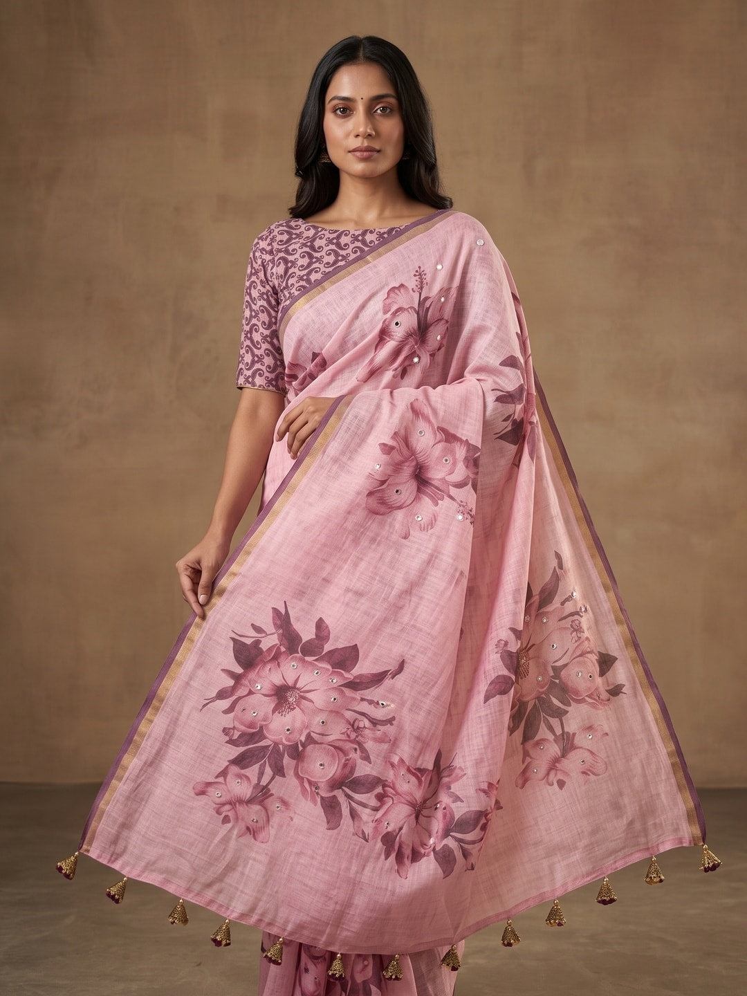 Peachmode Pink Floral Printed Linen Saree With Mirror Work - Image 4