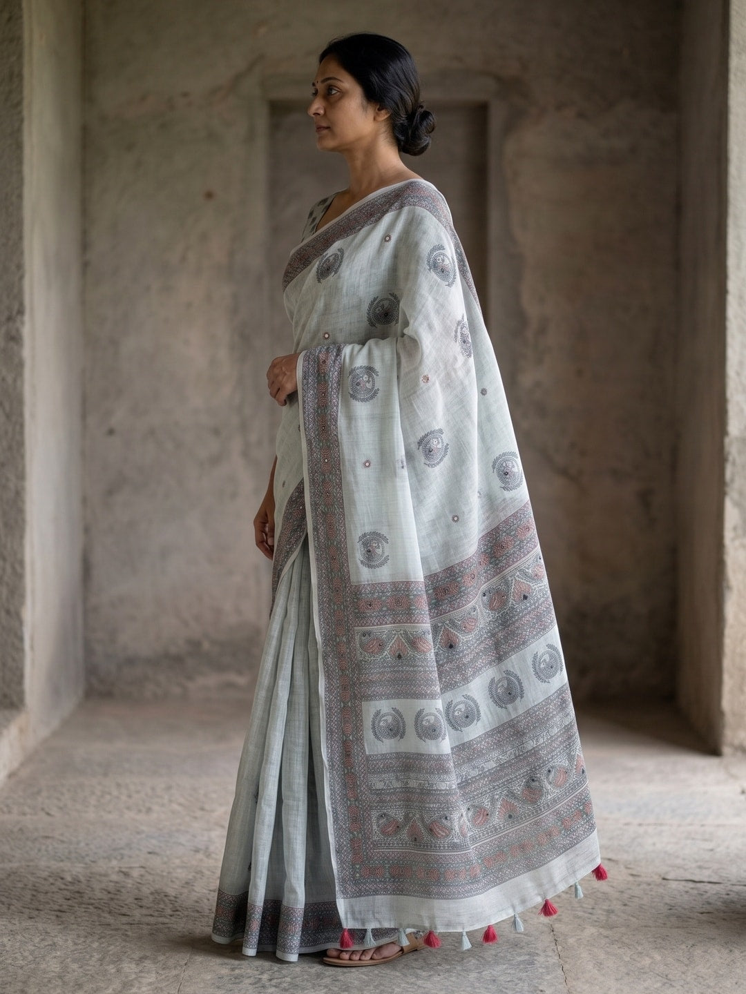 Peachmode Grey Peacock Printed Linen Saree With Mirror Work - Image 3