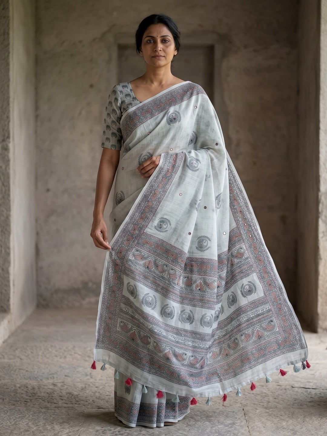 Peachmode Grey Peacock Printed Linen Saree With Mirror Work - Image 4
