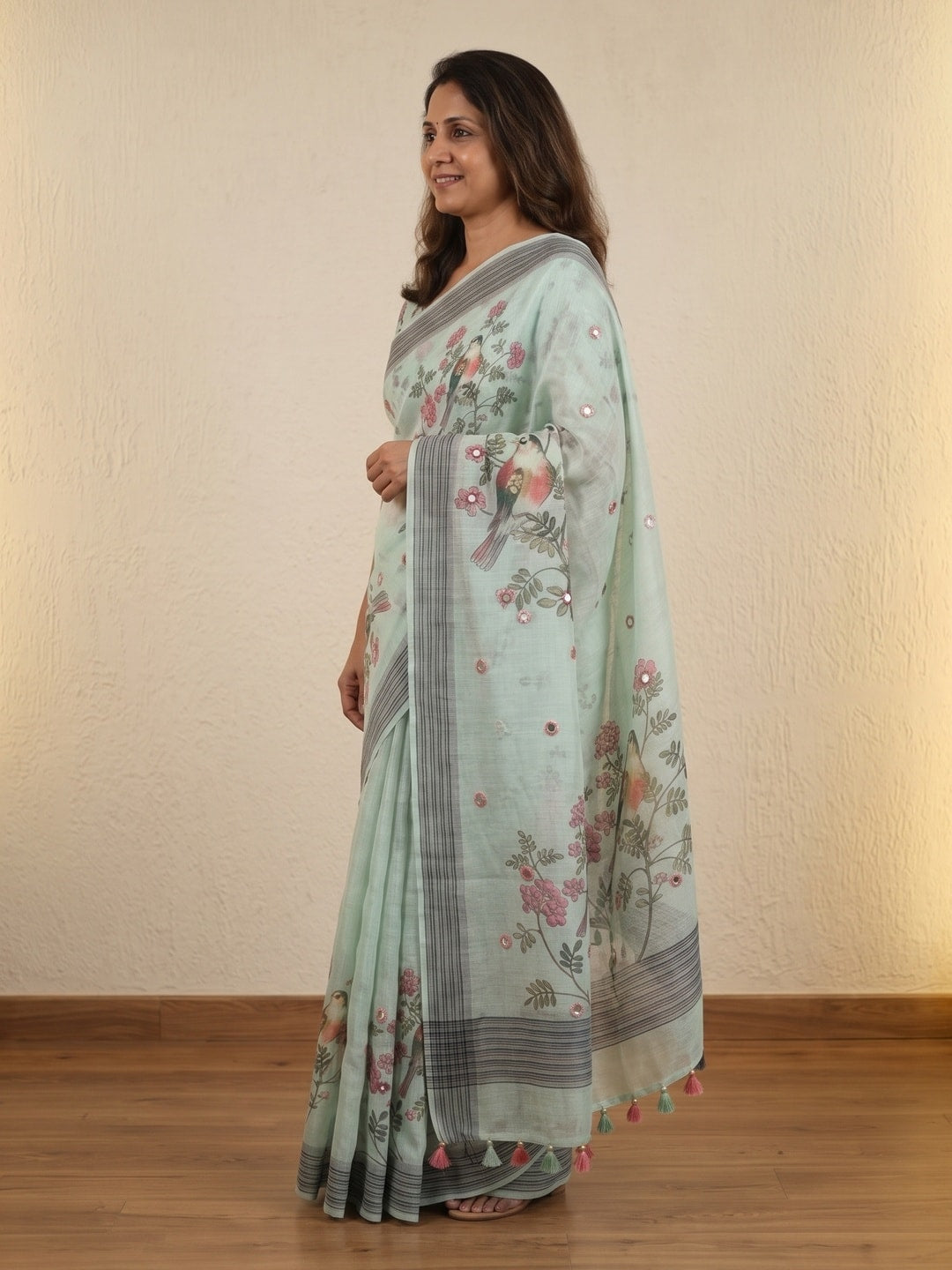 Peachmode Mint Green Bird Printed Linen Saree With Mirror Work - Image 2