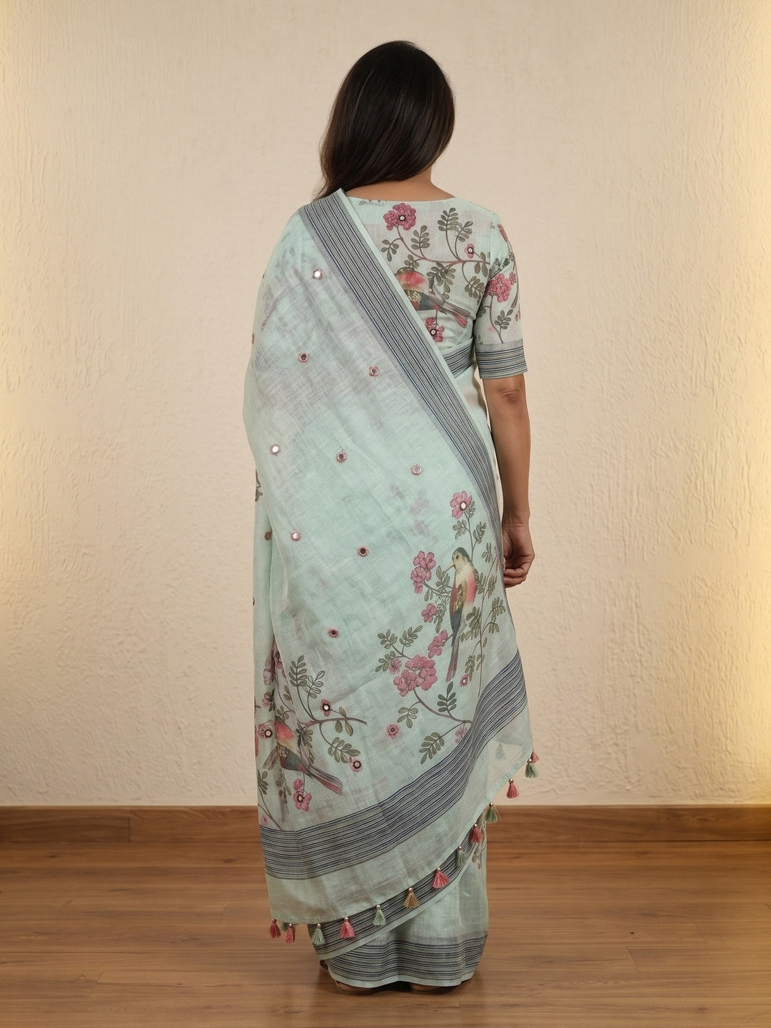 Peachmode Mint Green Bird Printed Linen Saree With Mirror Work - Image 3