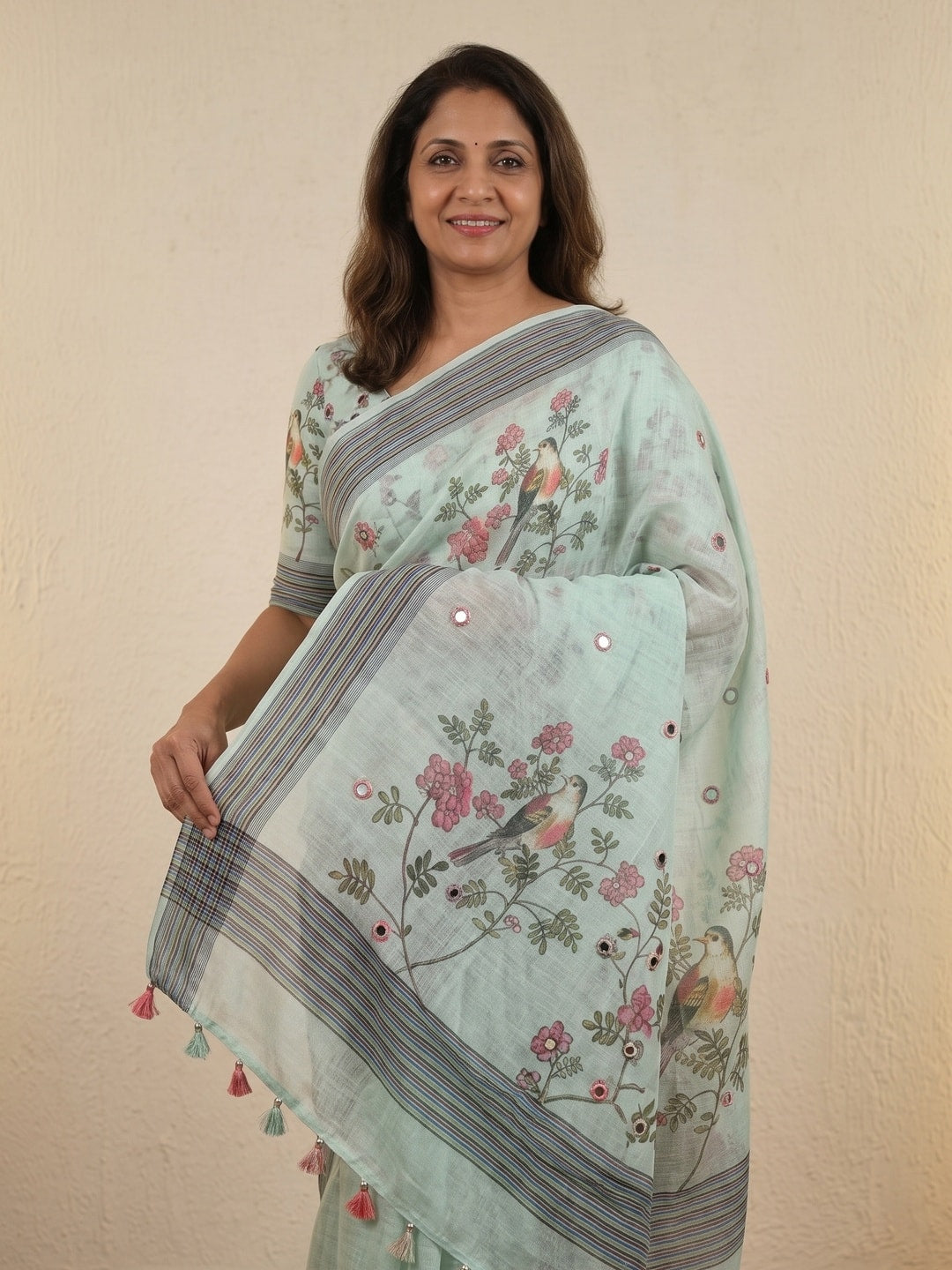 Peachmode Mint Green Bird Printed Linen Saree With Mirror Work - Image 4