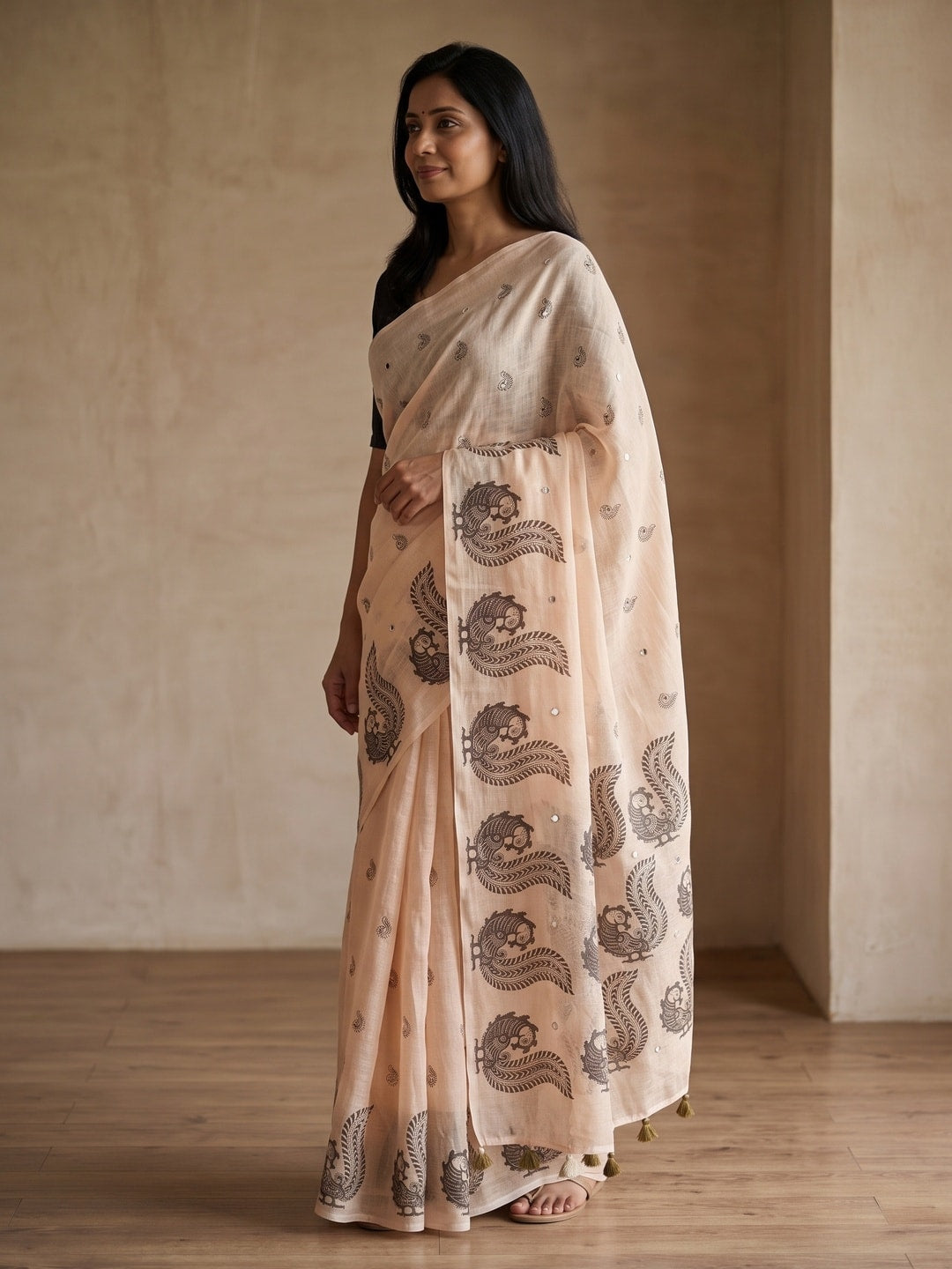 Peachmode Peach Peacock Paisley Printed Linen Saree With Mirror Work - Image 3