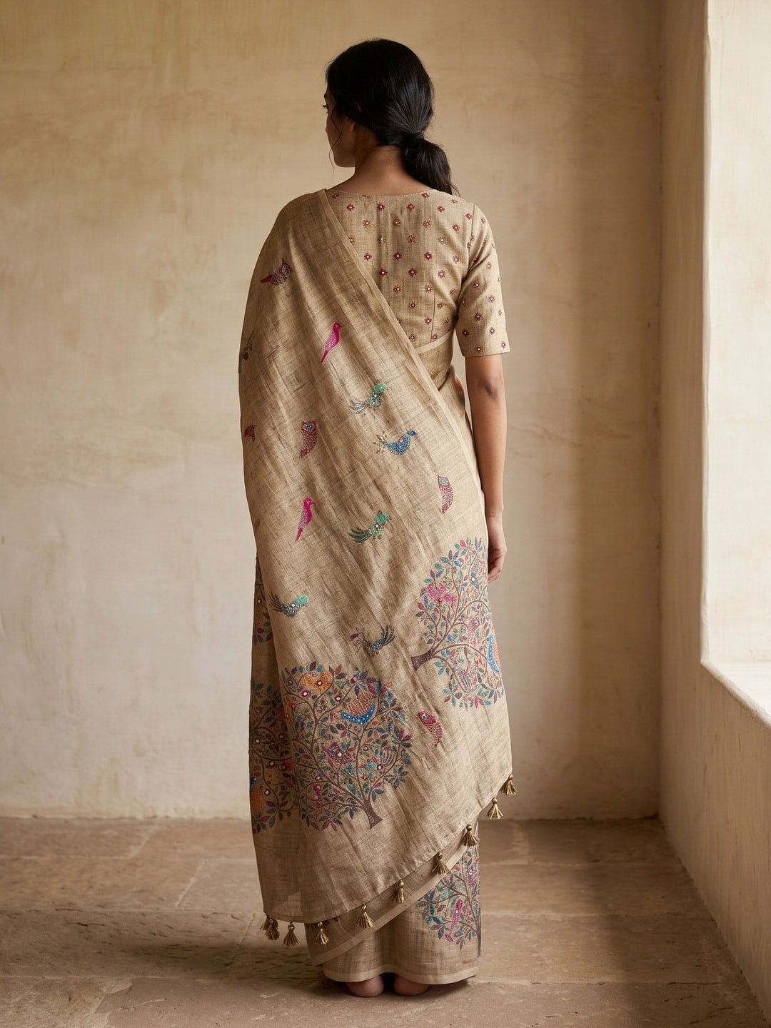 Peachmode Beige Tree Of Life Printed Linen Saree With Mirror Work - Image 2