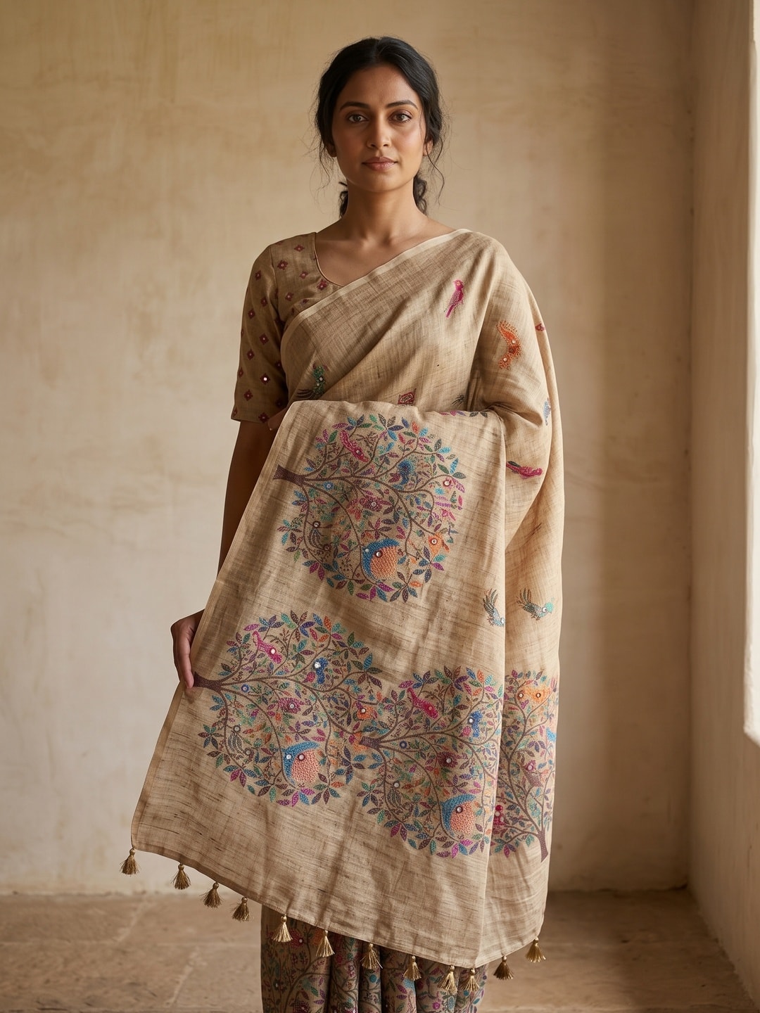 Peachmode Beige Tree Of Life Printed Linen Saree With Mirror Work - Image 3
