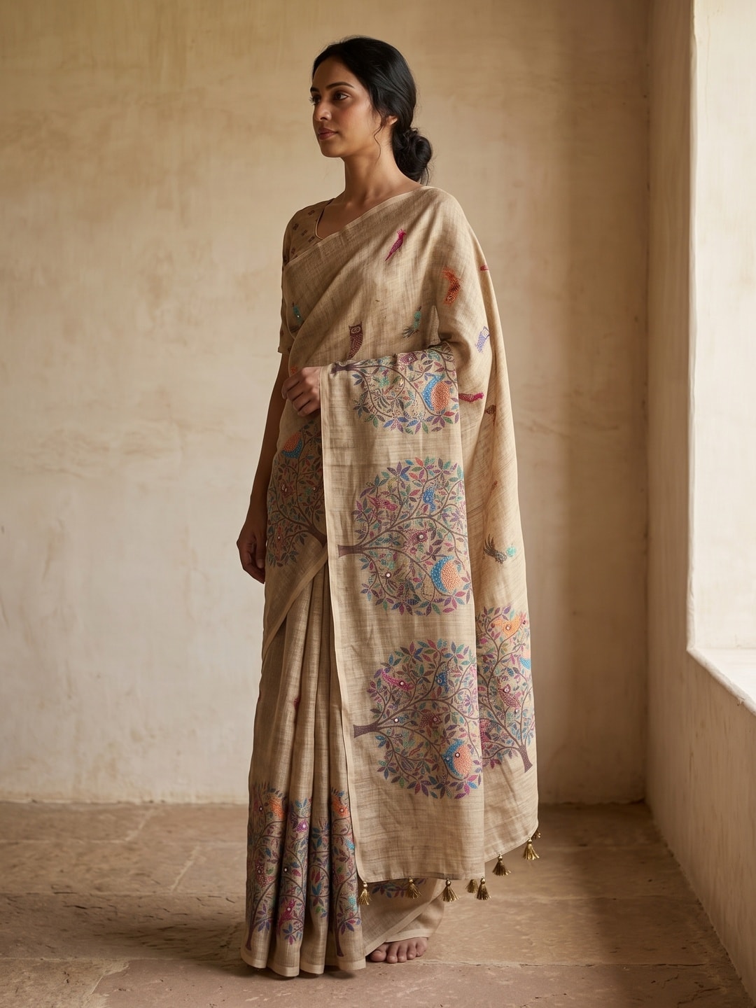 Peachmode Beige Tree Of Life Printed Linen Saree With Mirror Work - Image 4