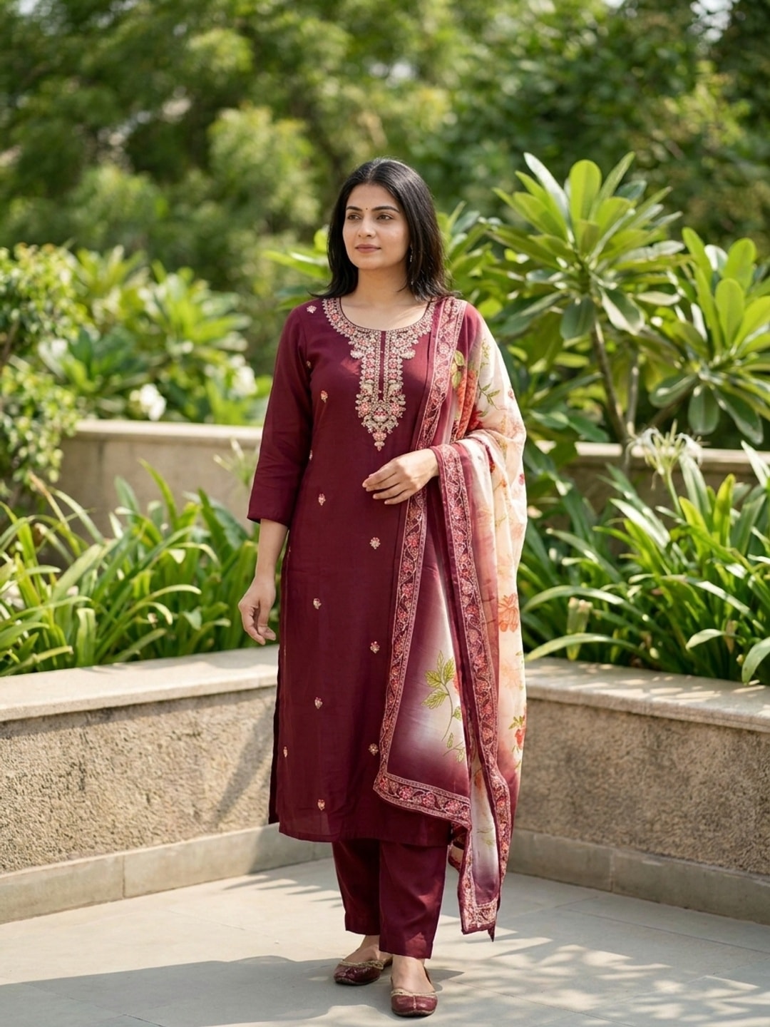 Peachmode Maroon Muslin Embroidered Yoke Salwar Suit With Floral Print Dupatta - Image 1
