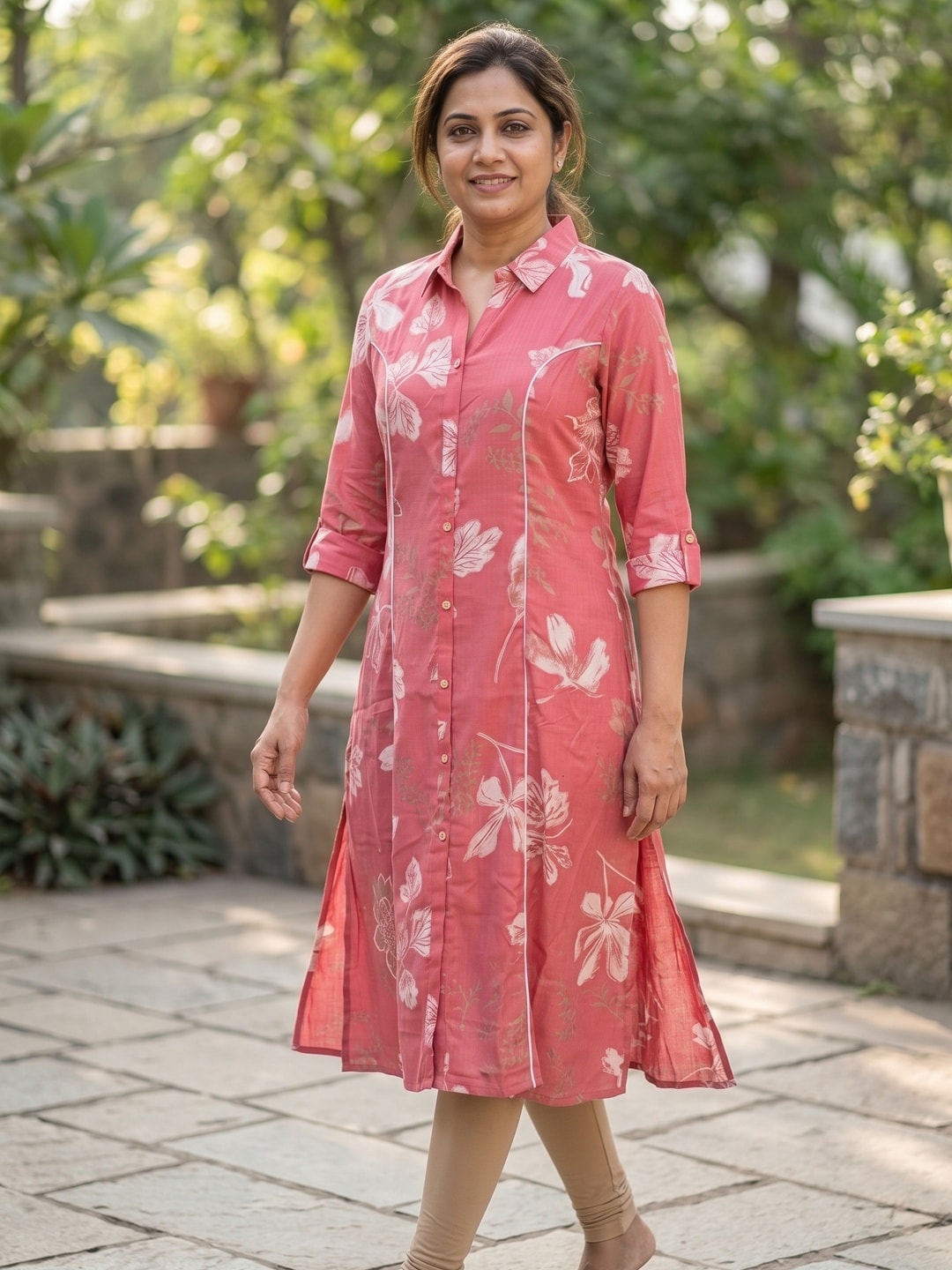 Peachmode Pink Floral Print Viscose Blend Shirt Kurti - Image 2