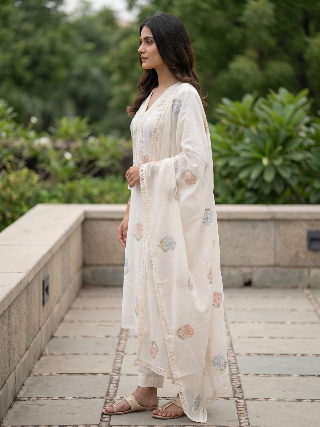 Peachmode Ivory Mul Cotton Embroidered Salwar Suit - Image 3