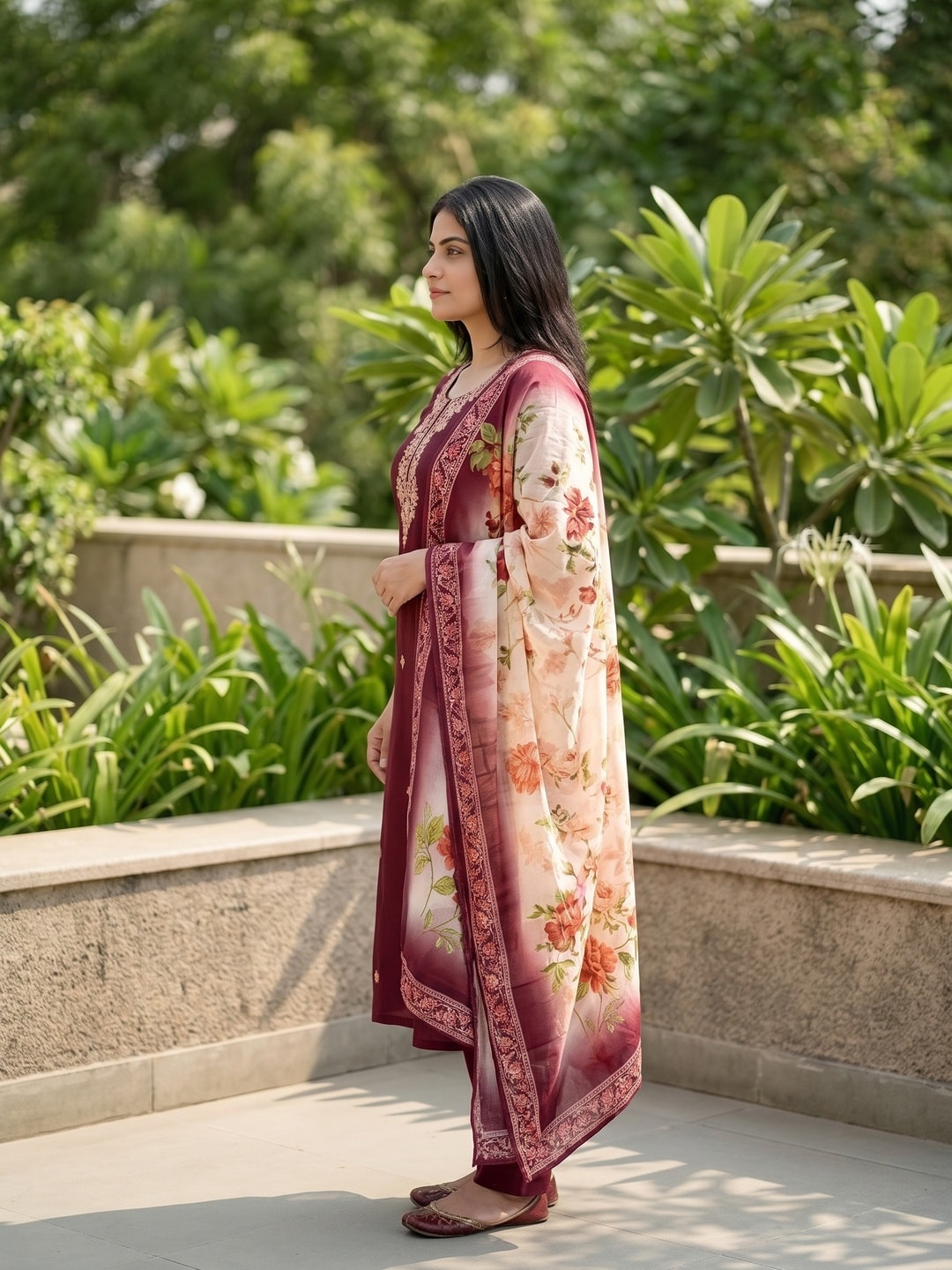 Peachmode Maroon Muslin Embroidered Yoke Salwar Suit With Floral Print Dupatta - Image 3