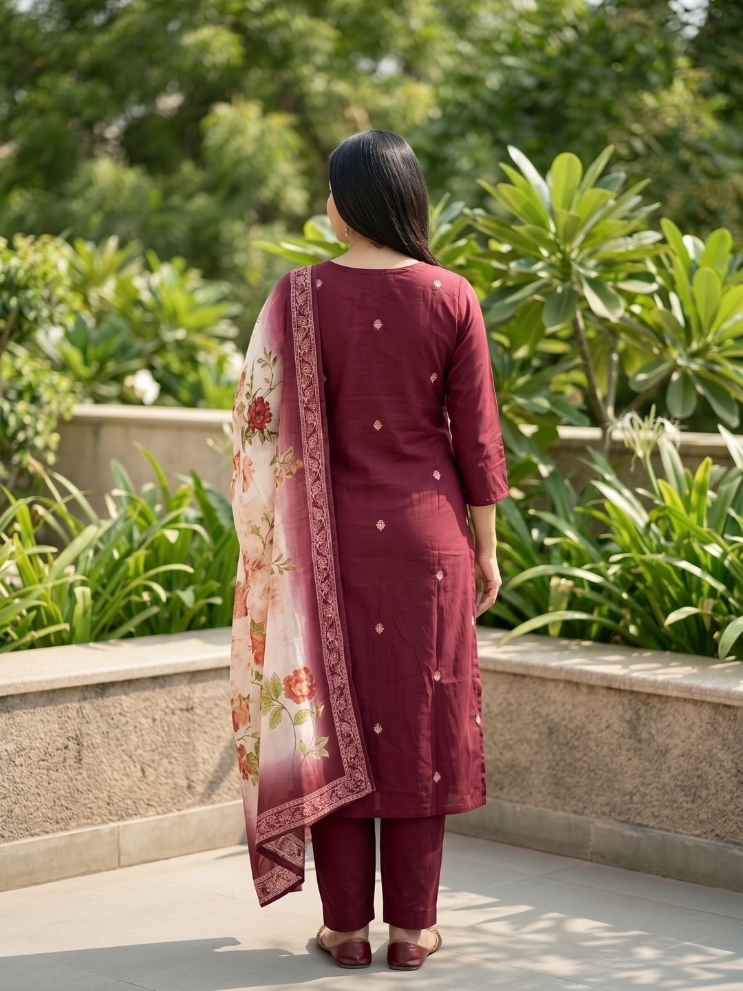 Peachmode Maroon Muslin Embroidered Yoke Salwar Suit With Floral Print Dupatta - Image 4