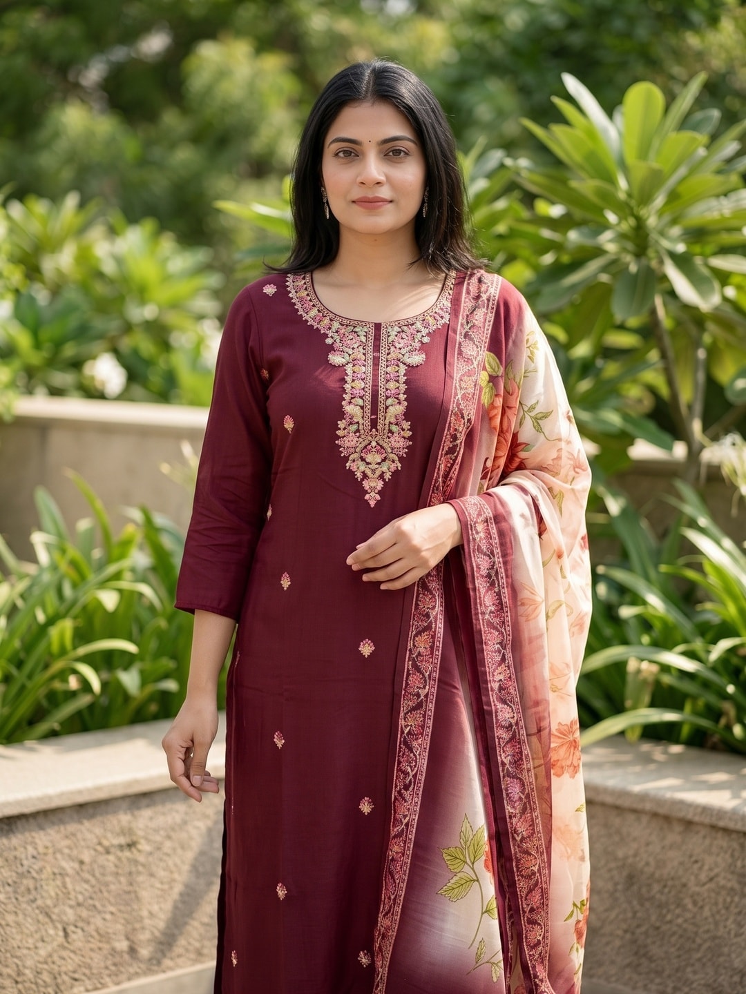 Peachmode Maroon Muslin Embroidered Yoke Salwar Suit With Floral Print Dupatta - Image 5