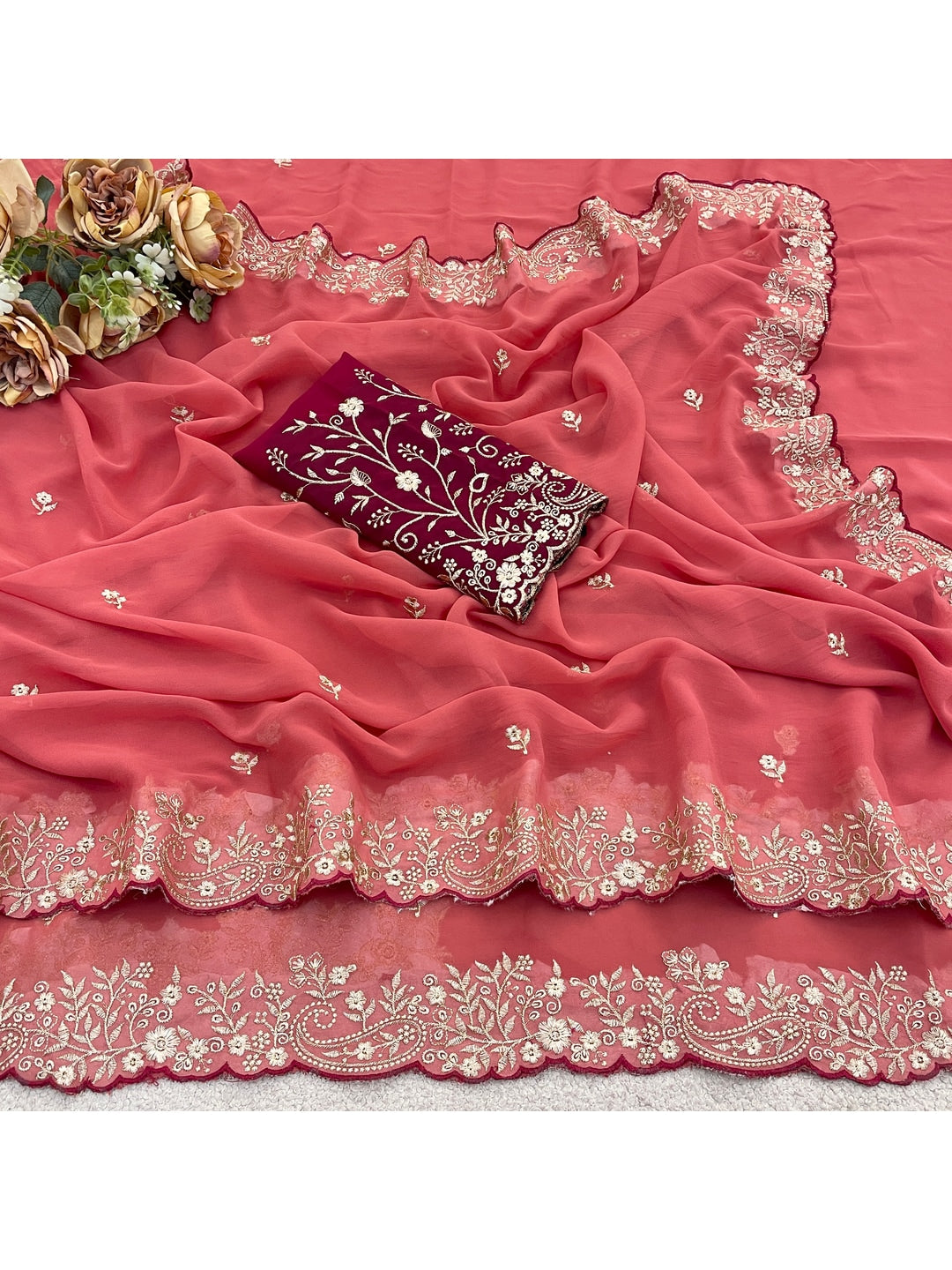 Peachmode Coral Embroidered Georgette Saree - Image 4