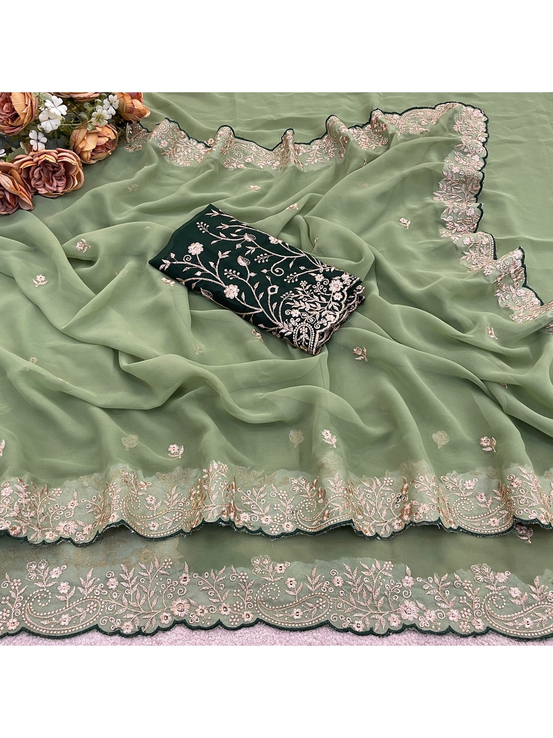 Peachmode Pista Green Embroidered Georgette Saree - Image 4