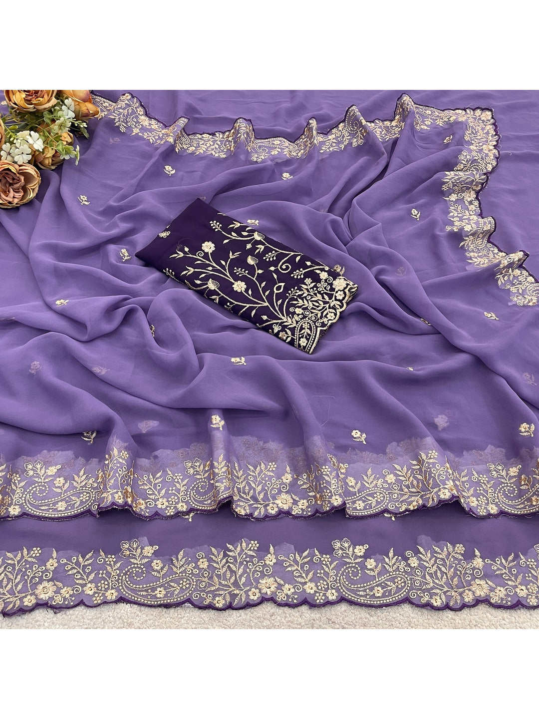 Peachmode Lavender Embroidered Georgette Saree - Image 4