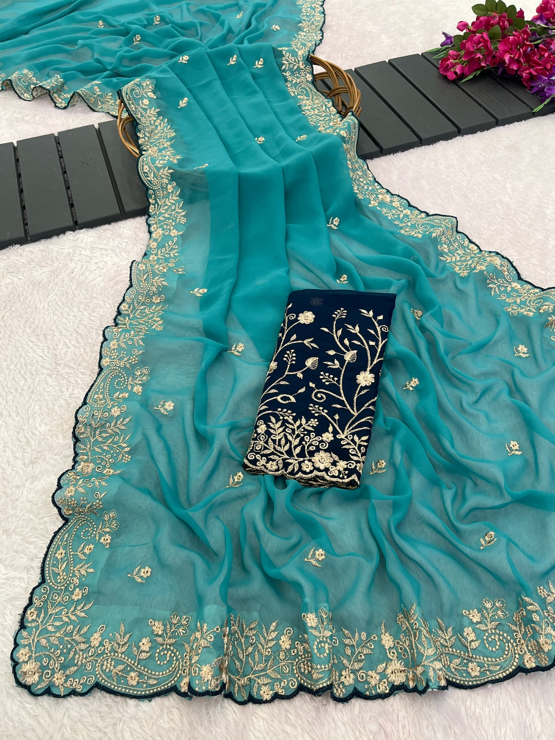 Peachmode Sky Blue Embroidered Georgette Saree - Image 5