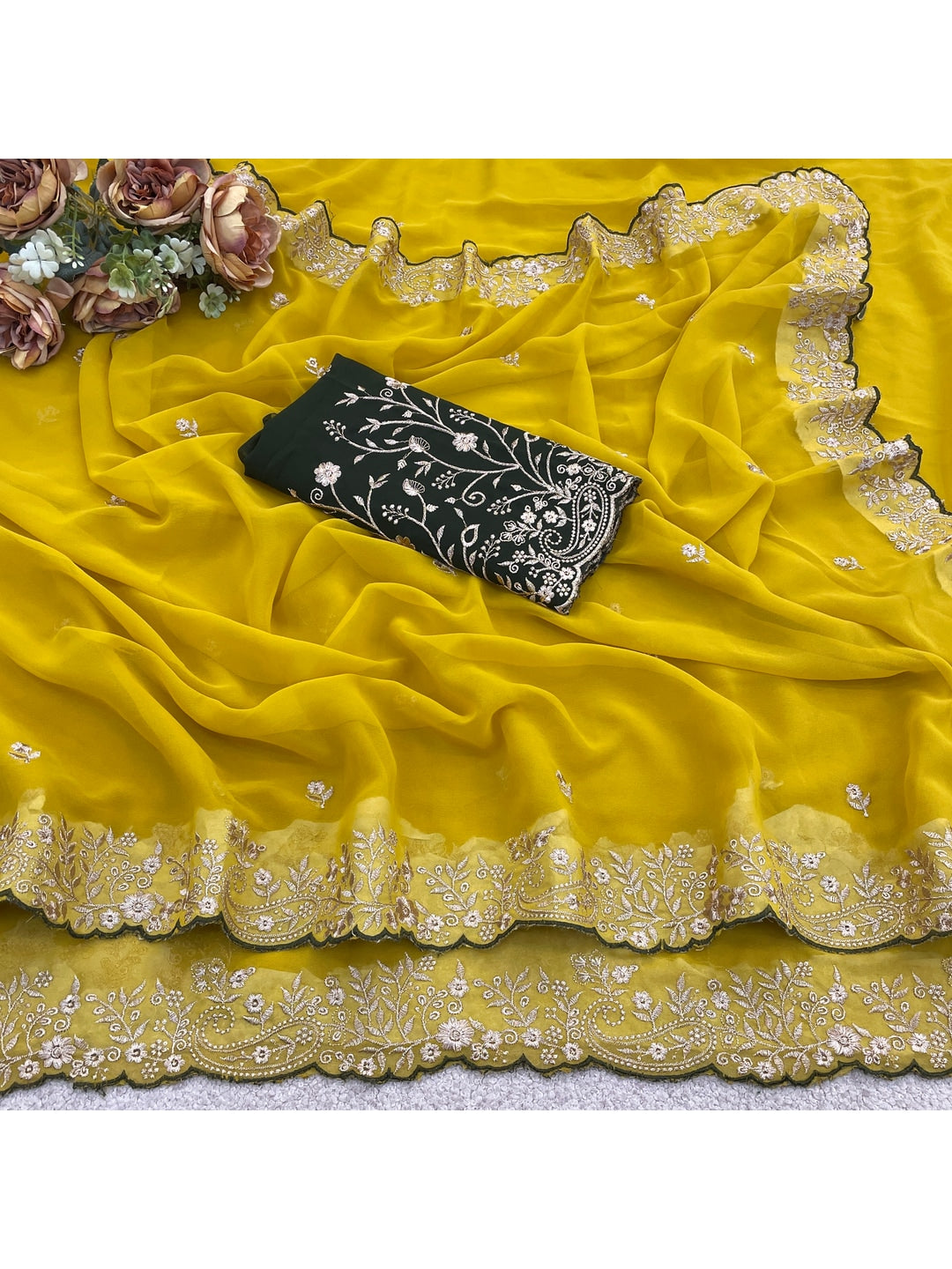 Peachmode Yellow Embroidered Georgette Saree - Image 4