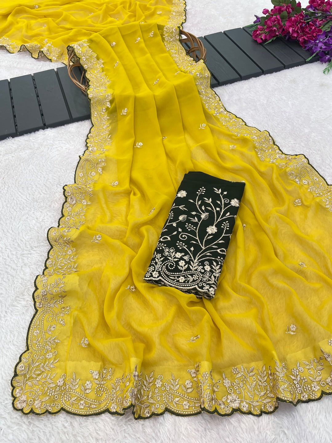 Peachmode Yellow Embroidered Georgette Saree - Image 5