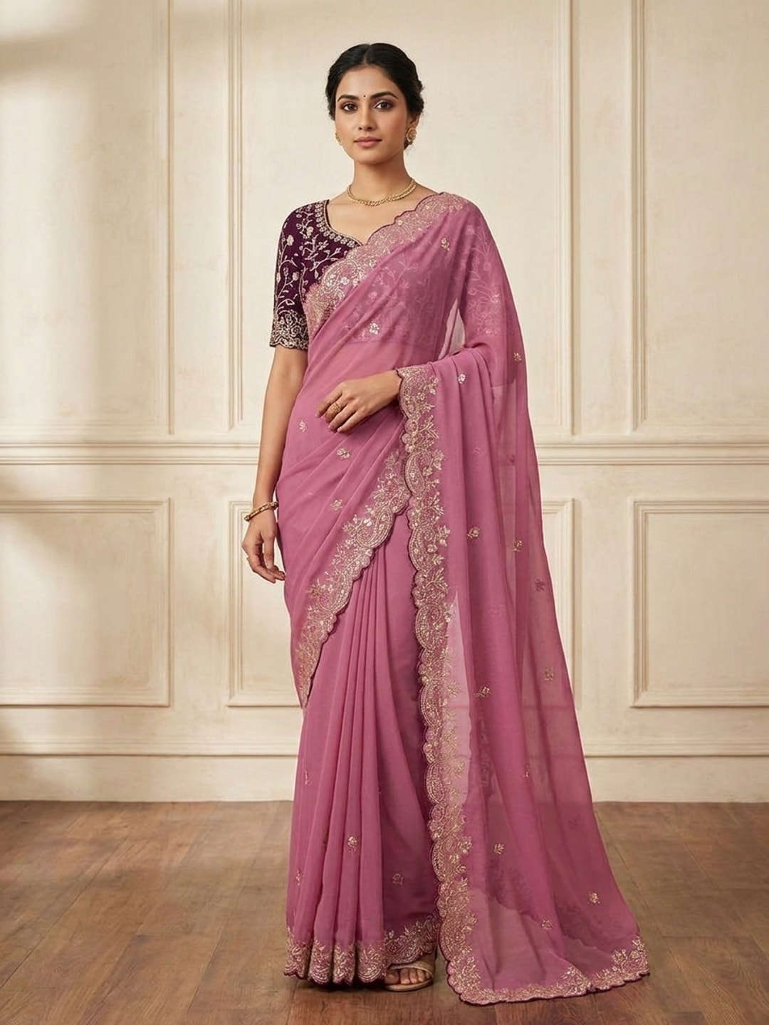 Peachmode Pink Embroidered Georgette Saree - Image 1