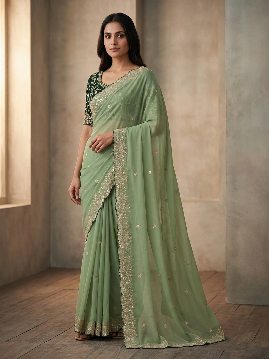 Peachmode Pista Green Embroidered Georgette Saree - Image 1