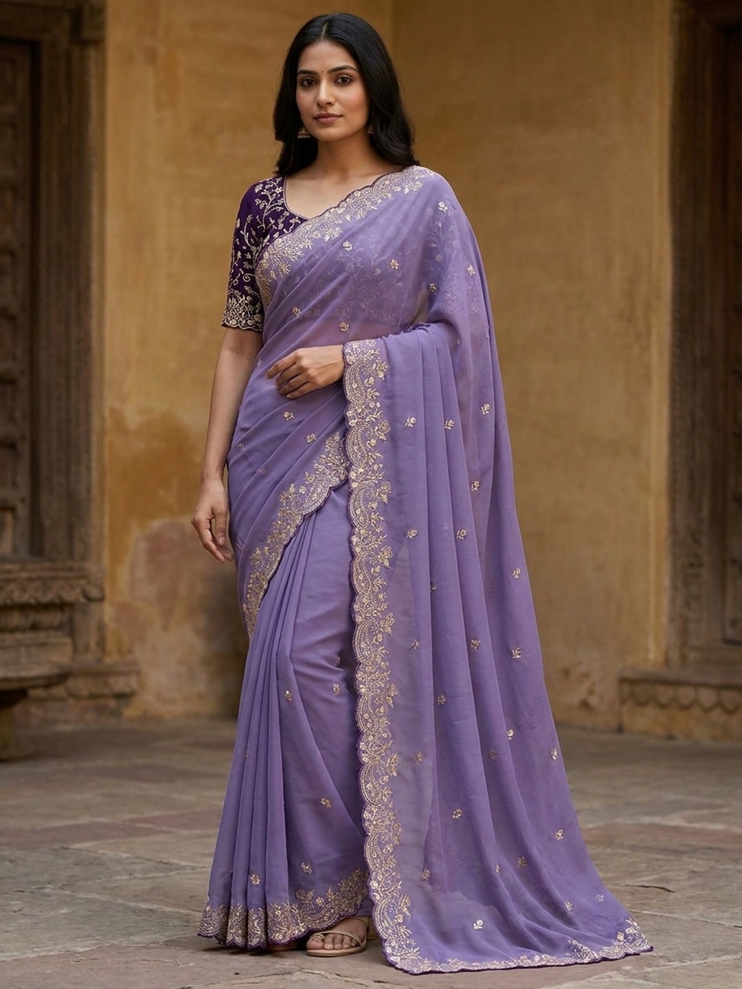 Peachmode Lavender Embroidered Georgette Saree - Image 1