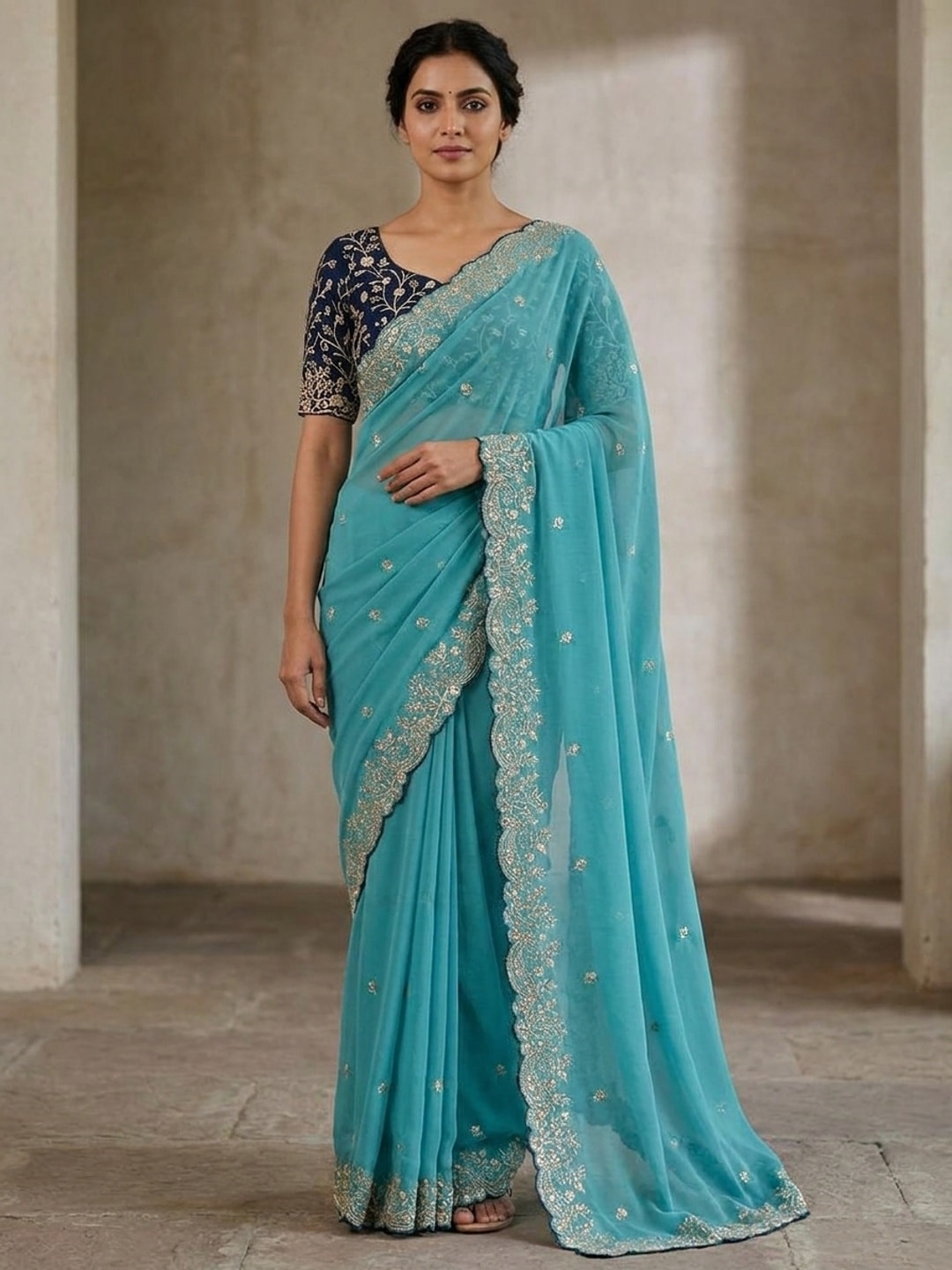 Peachmode Sky Blue Embroidered Georgette Saree - Image 1
