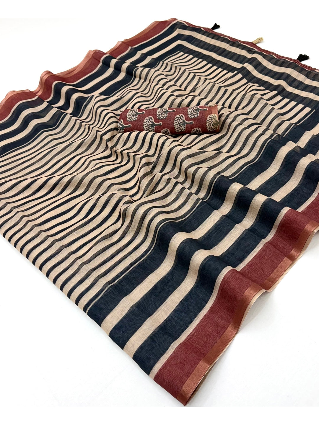 Peachmode Navy Blue Striped Linen Saree With Zari Border - Image 2
