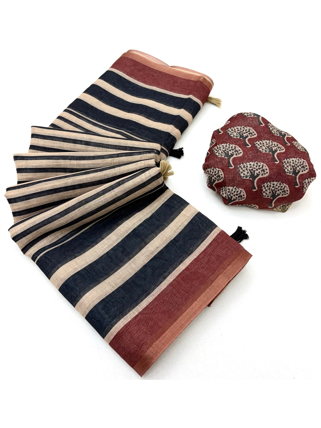 Peachmode Navy Blue Striped Linen Saree With Zari Border - Image 1