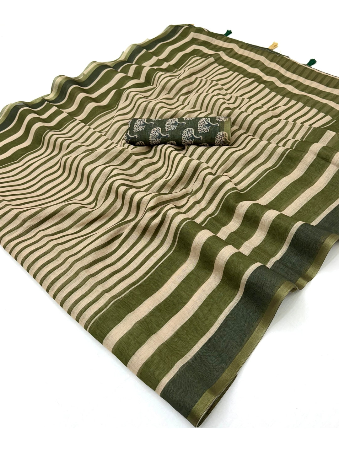 Peachmode Olive Green Striped Linen Saree With Zari Border - Image 2