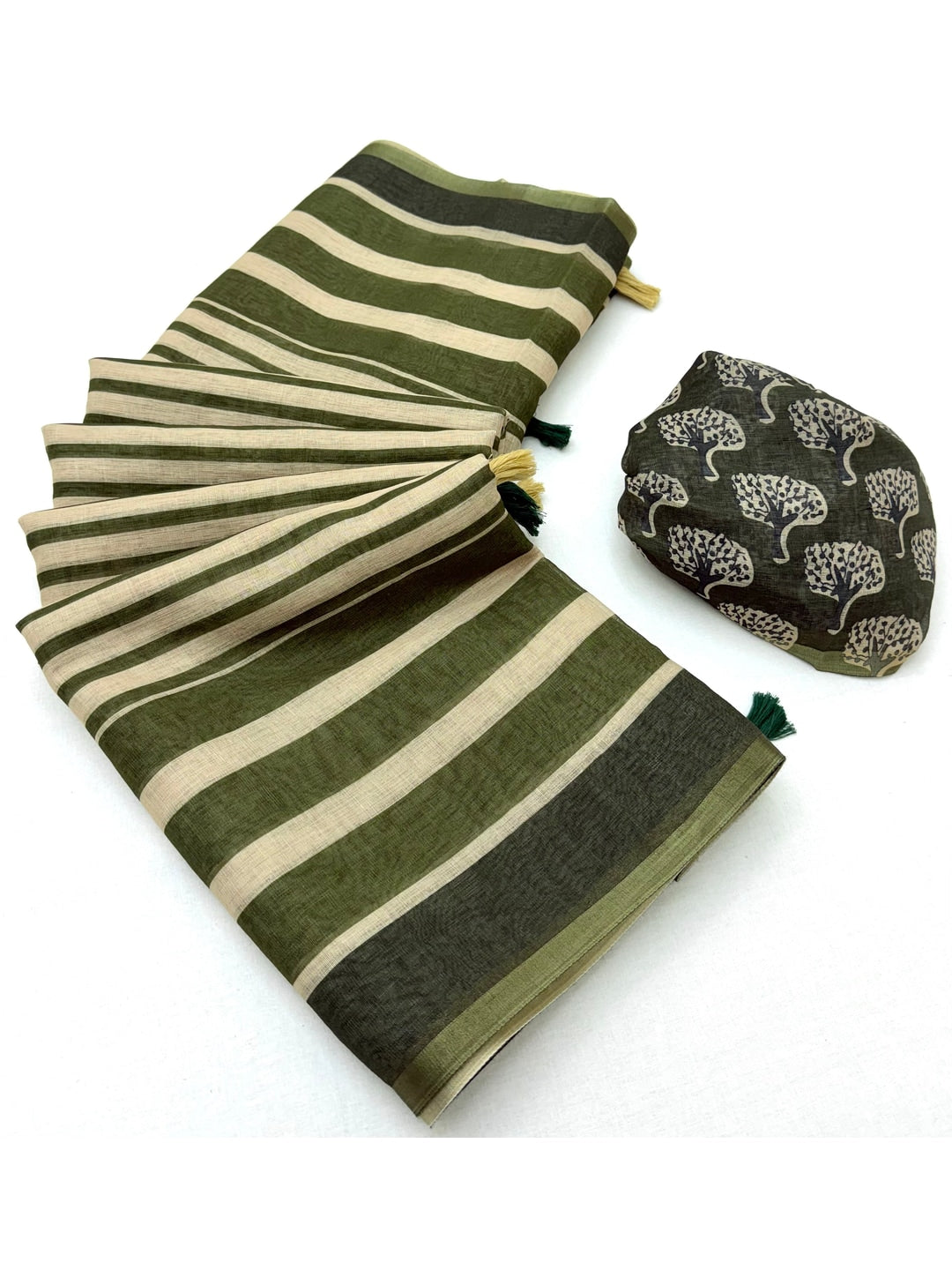 Peachmode Olive Green Striped Linen Saree With Zari Border - Image 1