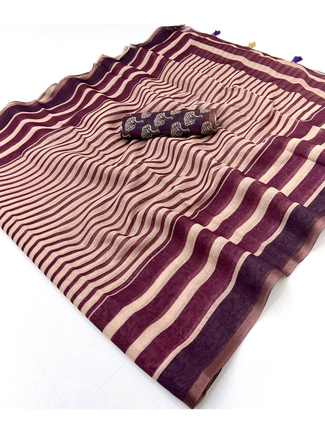 Peachmode Wine Striped Linen Saree With Zari Border - Image 2
