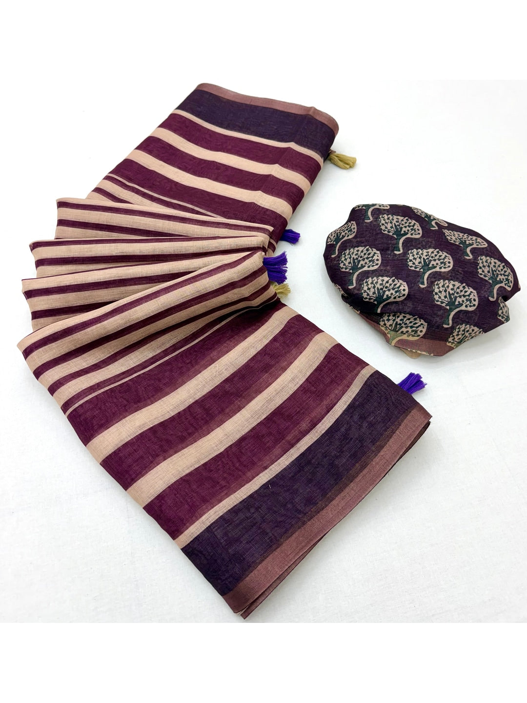 Peachmode Wine Striped Linen Saree With Zari Border - Image 1