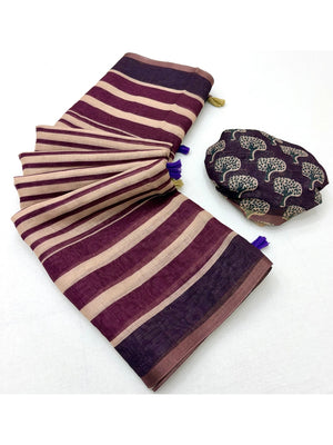 Peachmode Wine Striped Linen Saree With Zari Border - Image 1