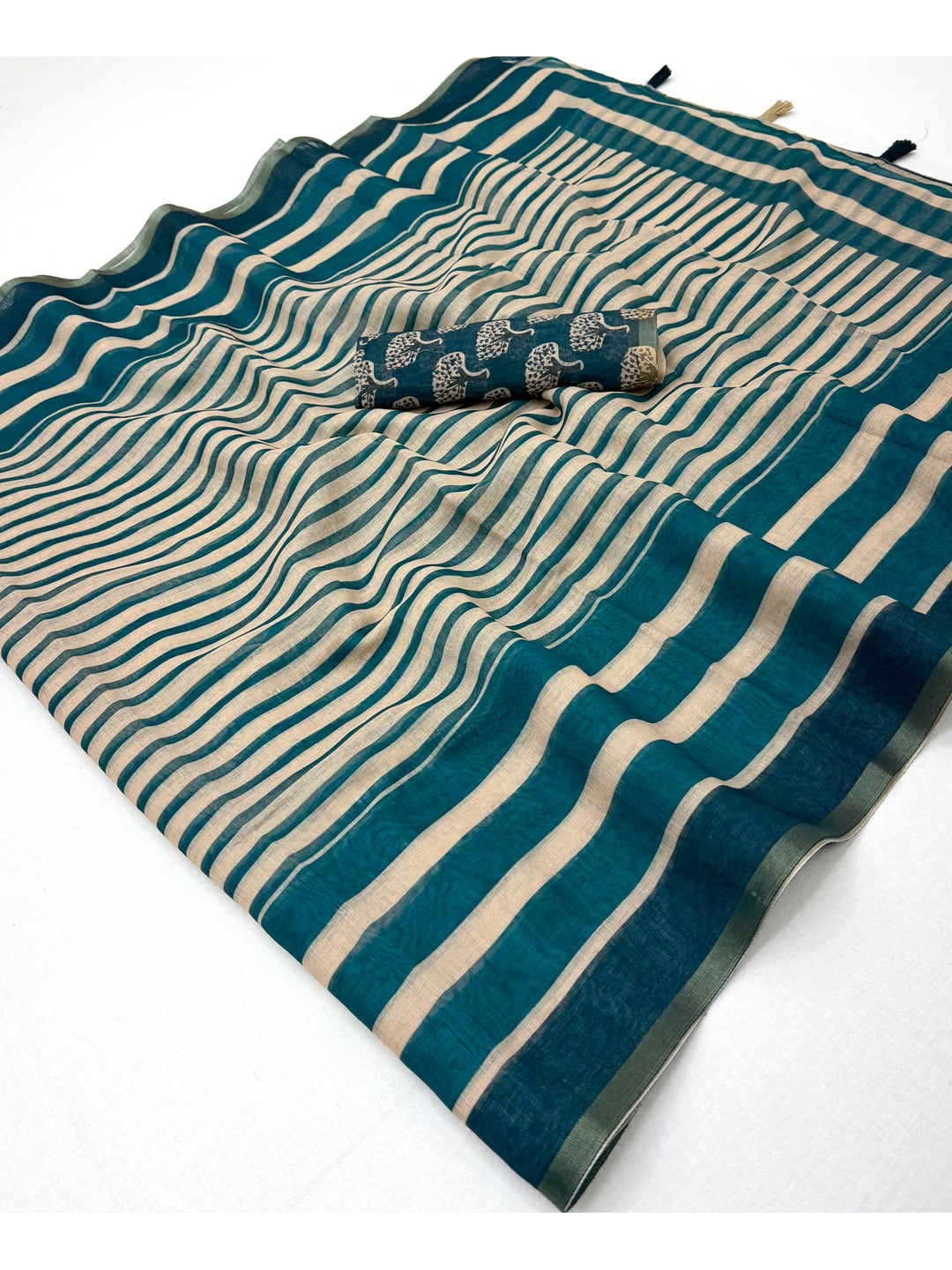 Peachmode Teal Striped Linen Saree With Zari Border - Image 2