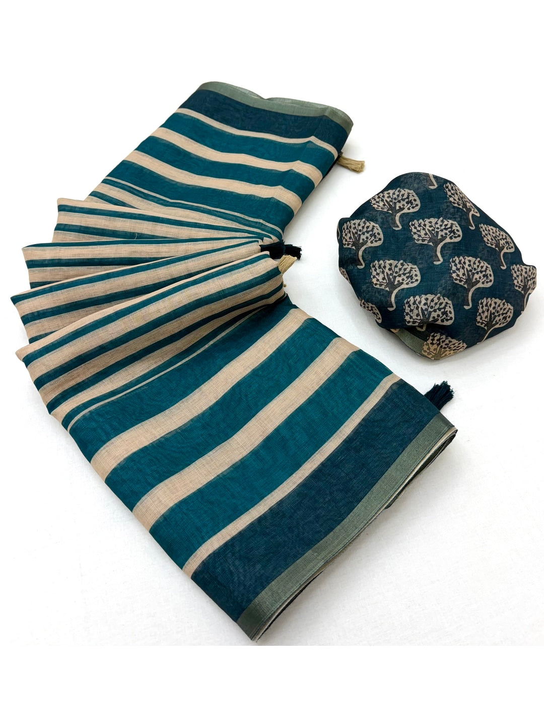 Peachmode Teal Striped Linen Saree With Zari Border - Image 1