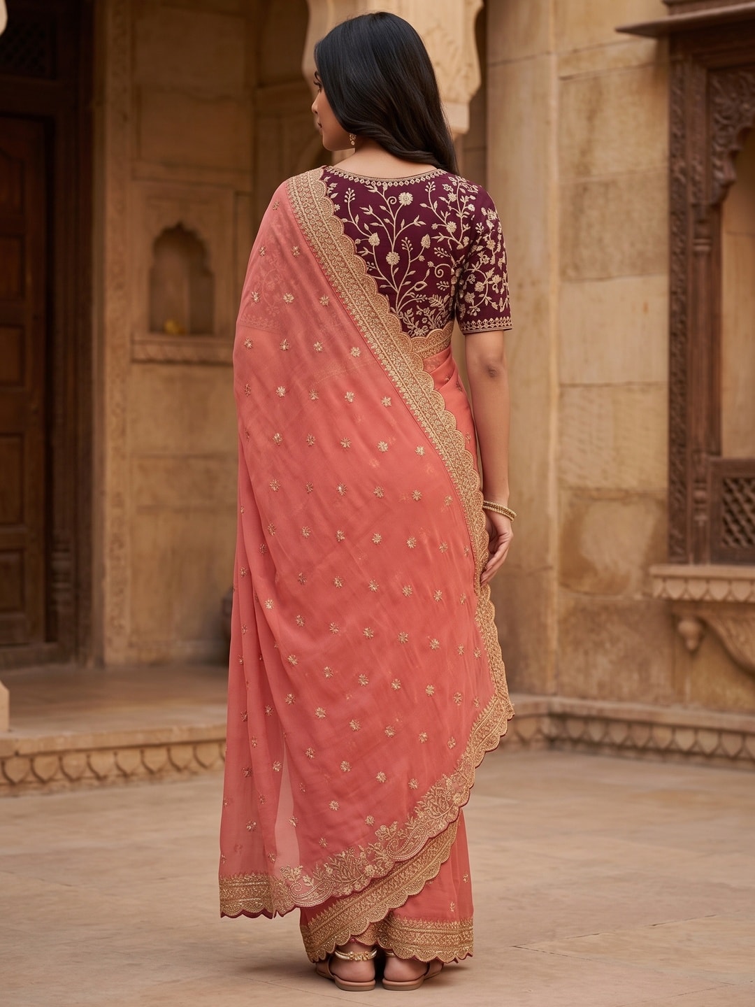Peachmode Coral Embroidered Georgette Saree - Image 2