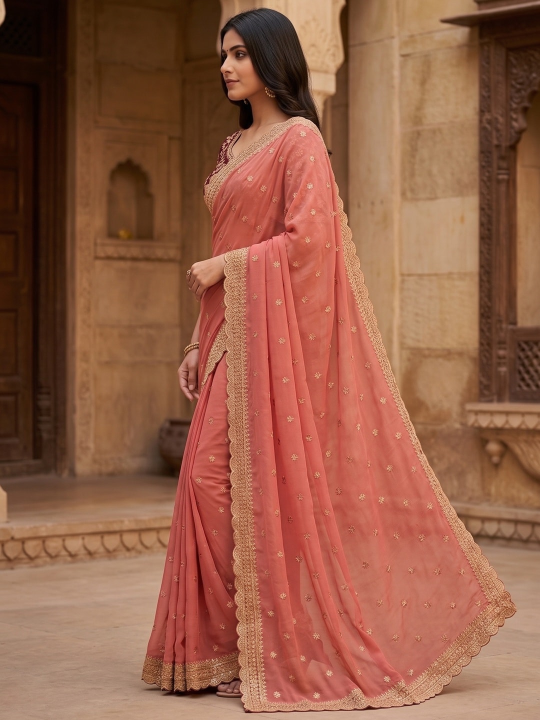 Peachmode Coral Embroidered Georgette Saree - Image 3