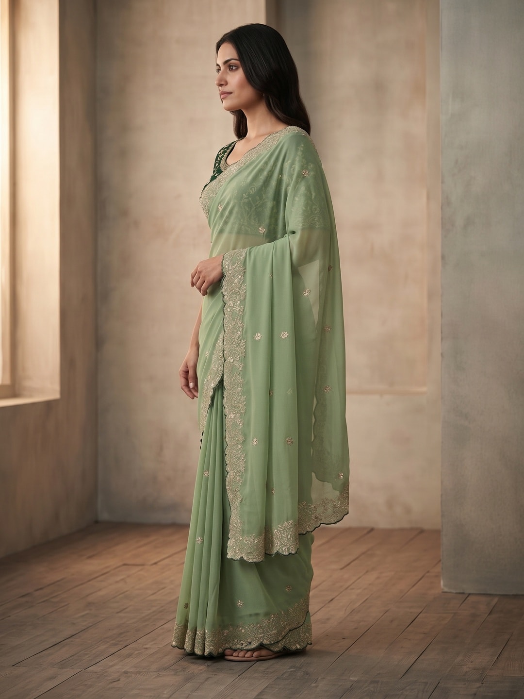 Peachmode Pista Green Embroidered Georgette Saree - Image 3