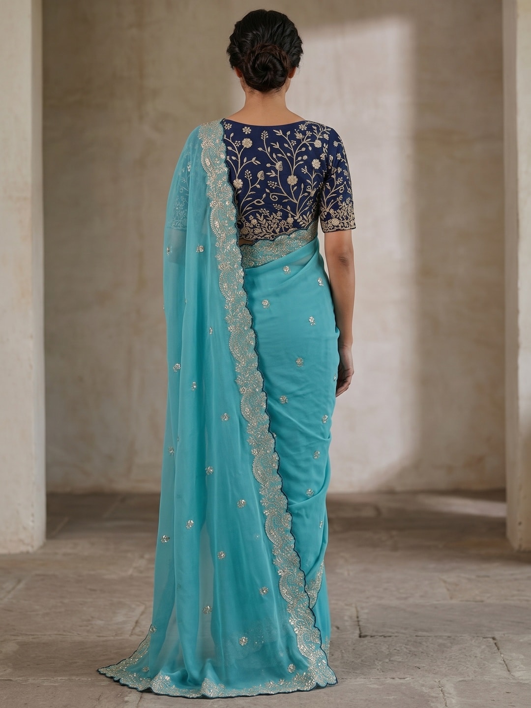 Peachmode Sky Blue Embroidered Georgette Saree - Image 2