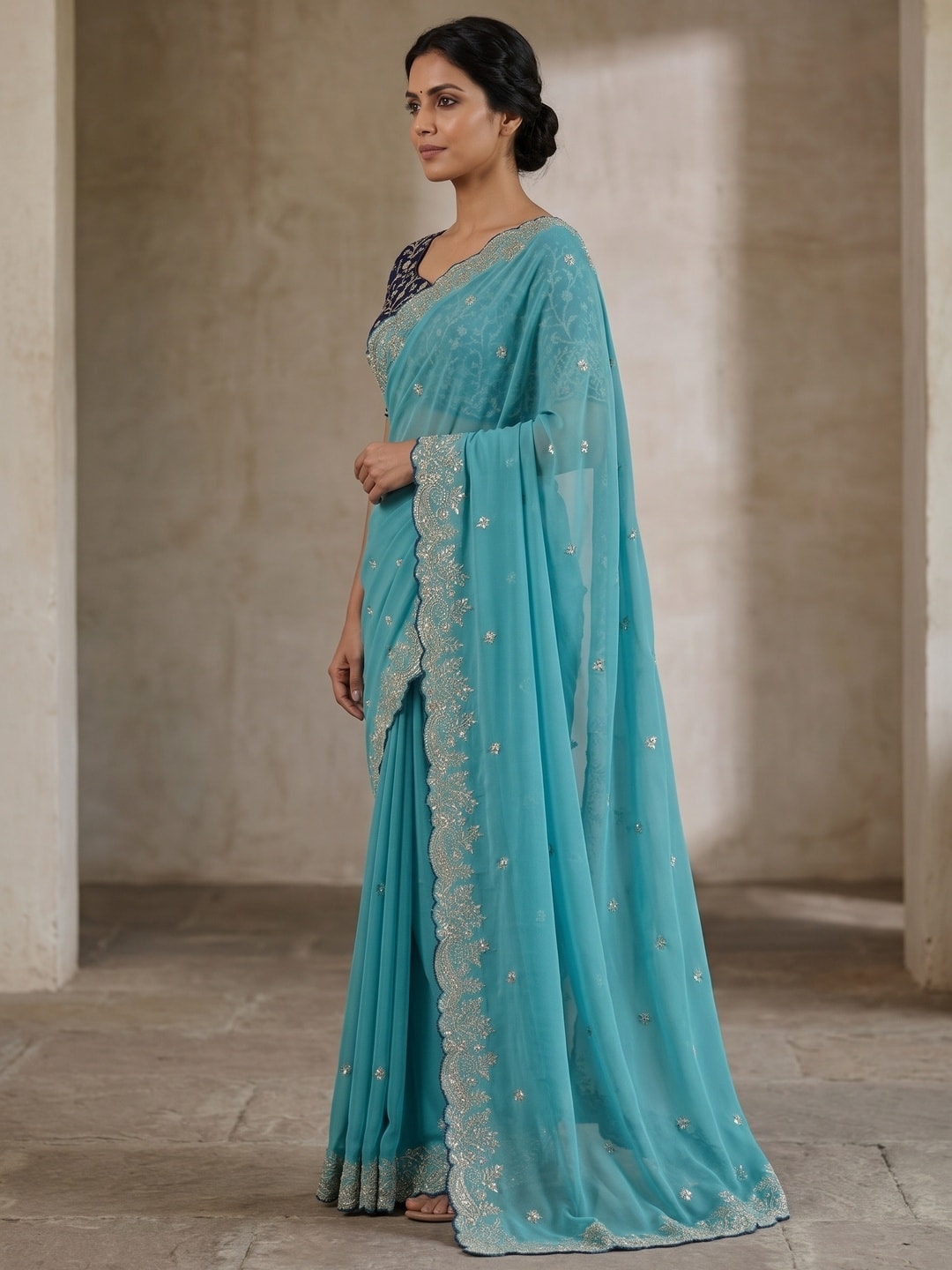 Peachmode Sky Blue Embroidered Georgette Saree - Image 3