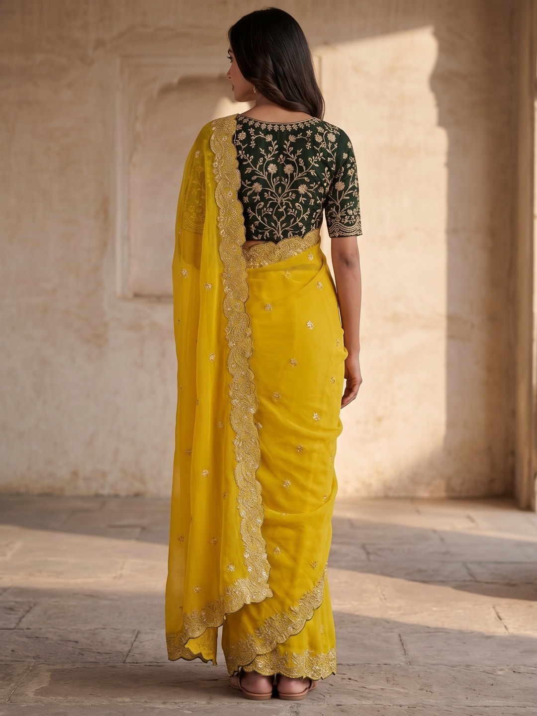 Peachmode Yellow Embroidered Georgette Saree - Image 2