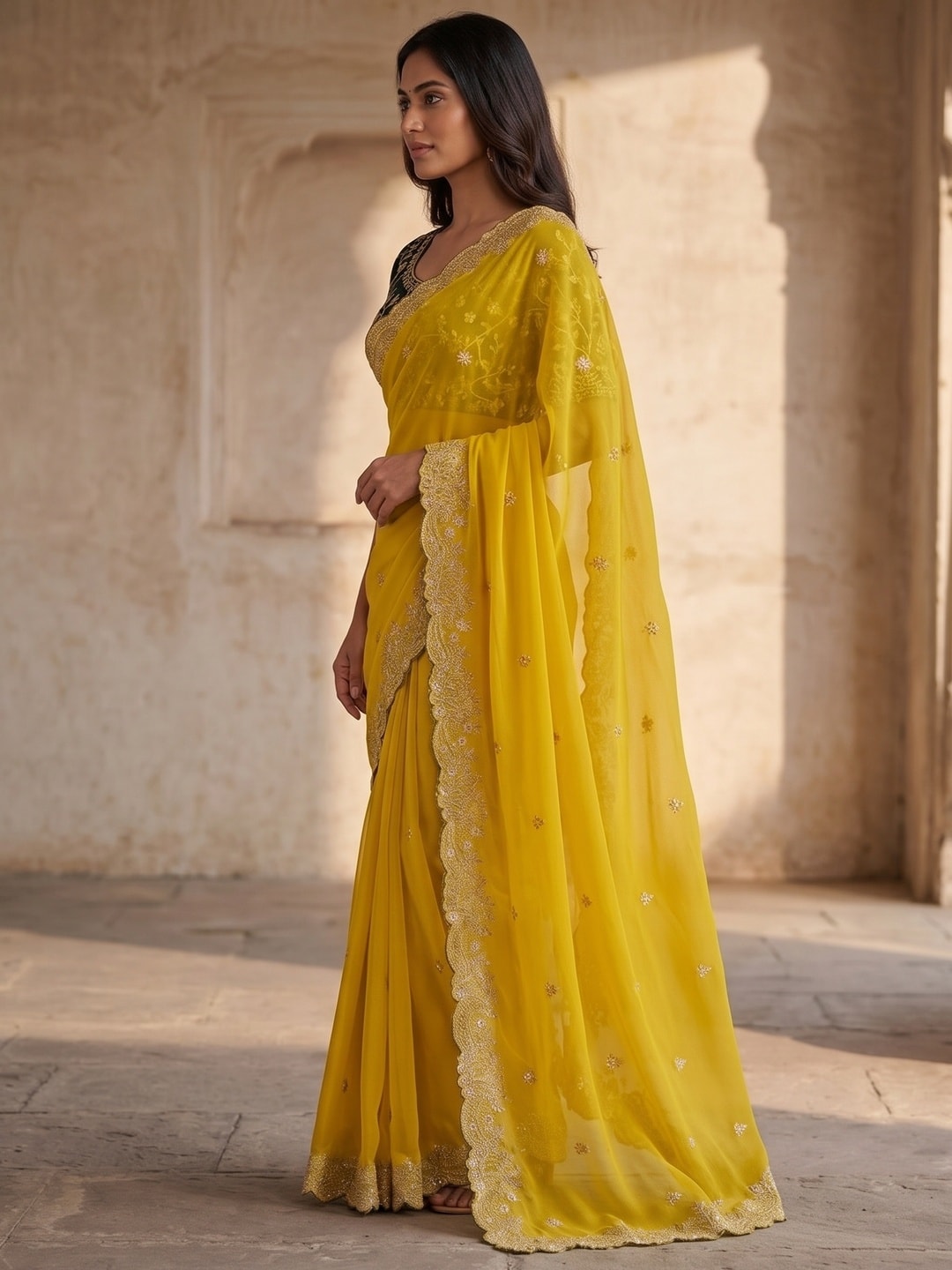 Peachmode Yellow Embroidered Georgette Saree - Image 3